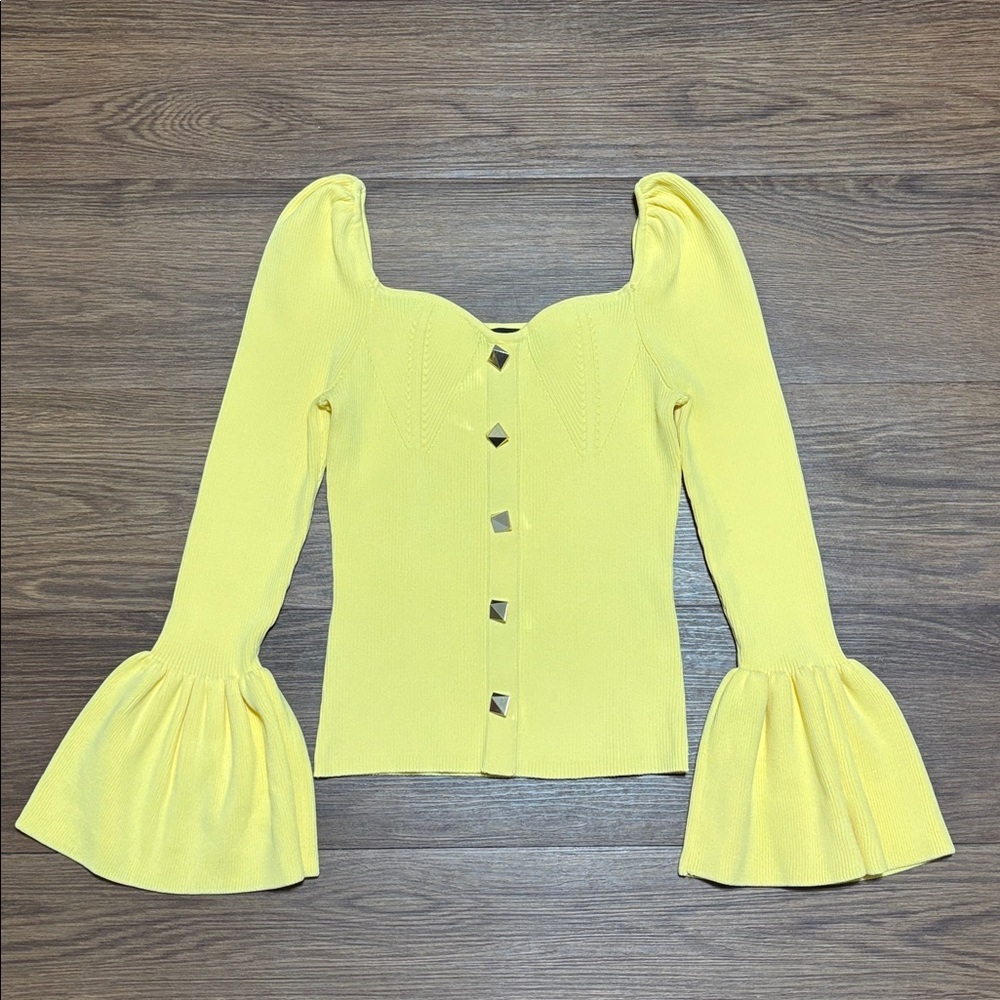 New York & Company Yellow Sweetheart Neck Puff Sleeve Top